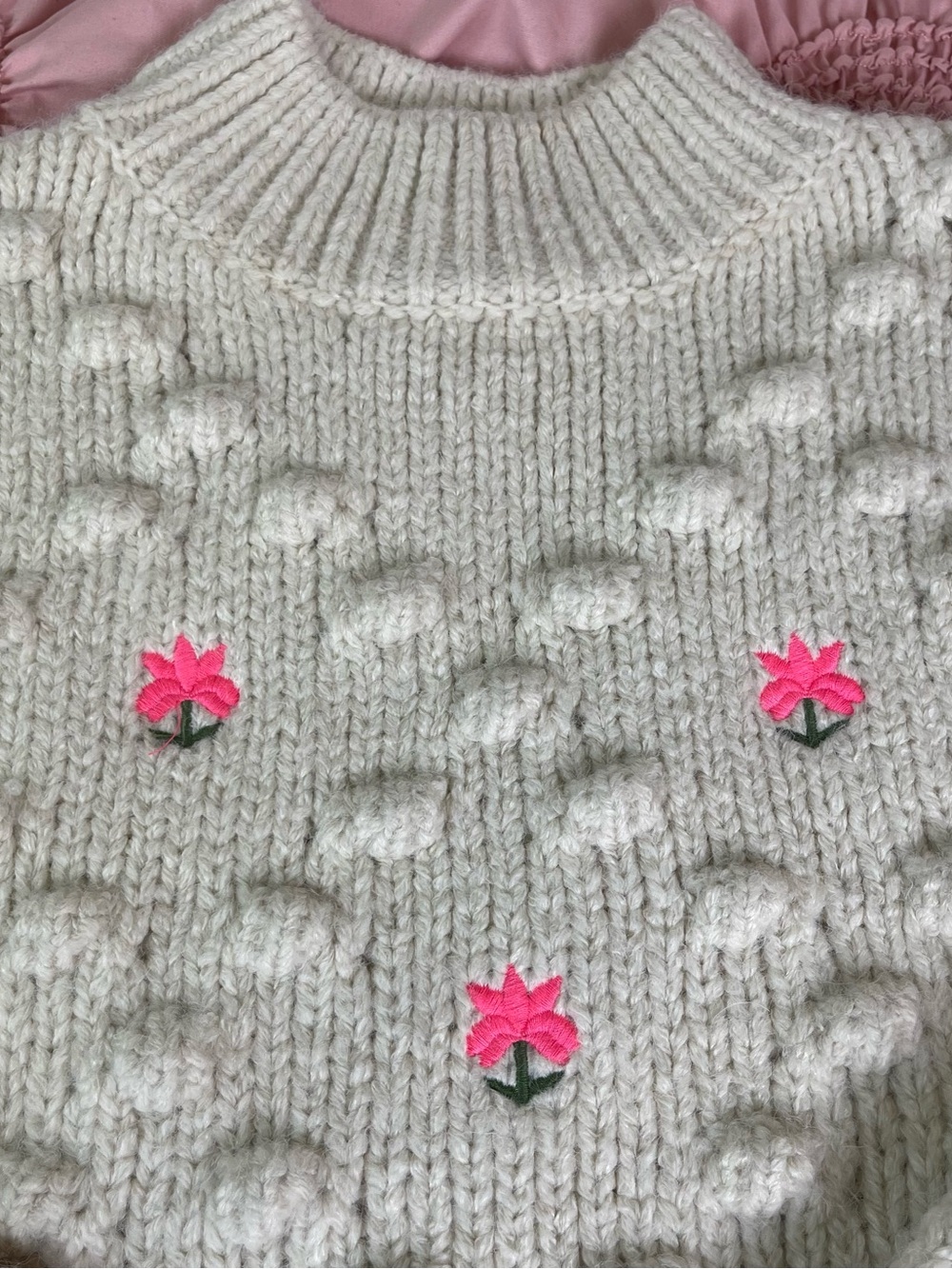 Cream Cowl Neck Knit Sweater with Pink Floral Embroidery